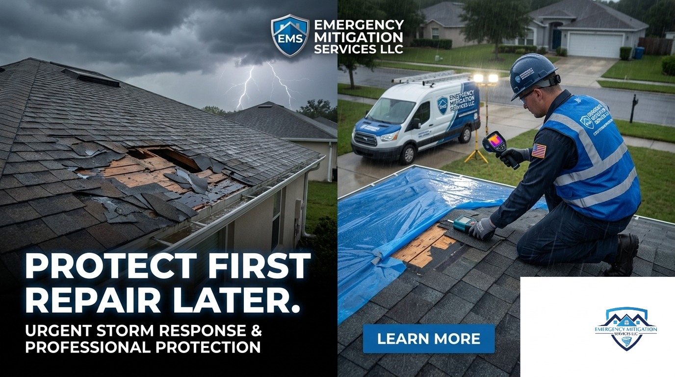 Certified Emergency Mitigation Services technician inspecting a storm-damaged residential roof.