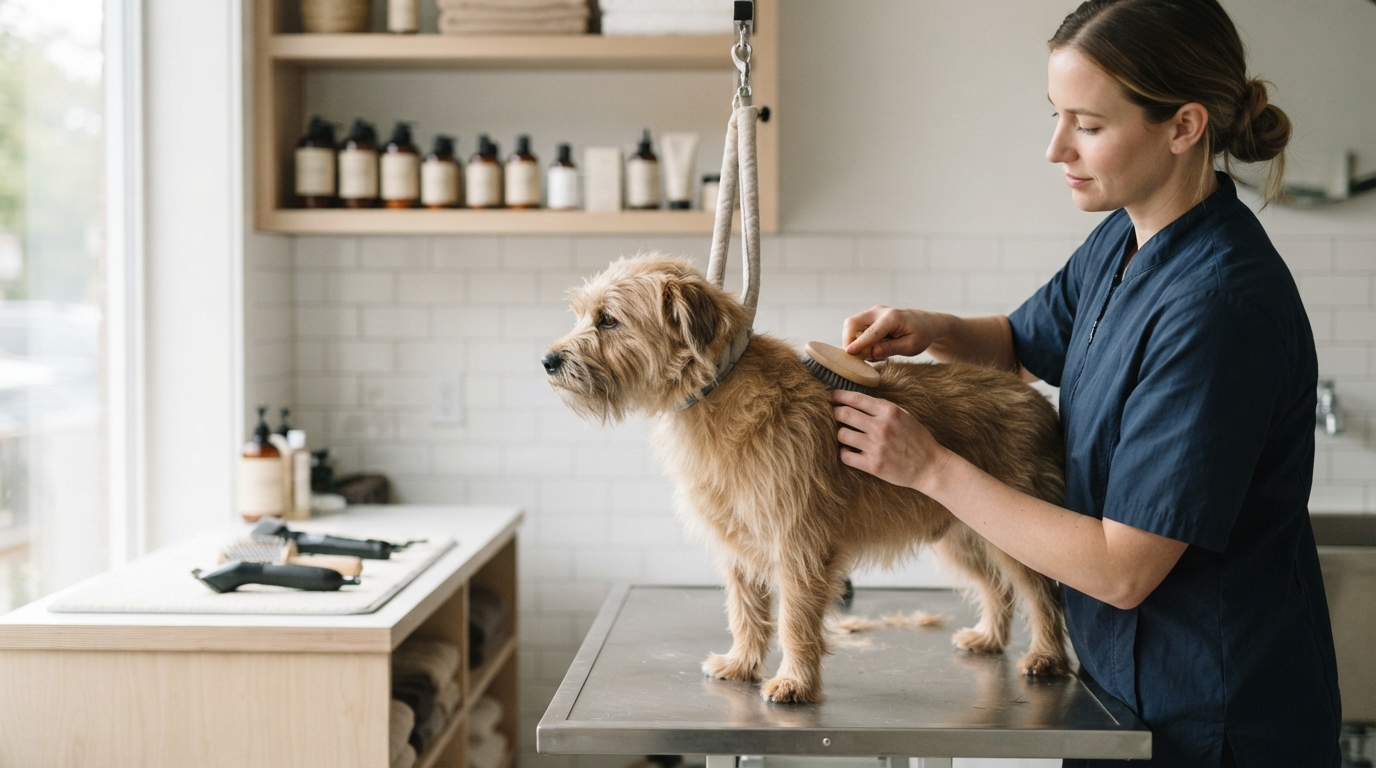 Gentle dog grooming in a calm setting