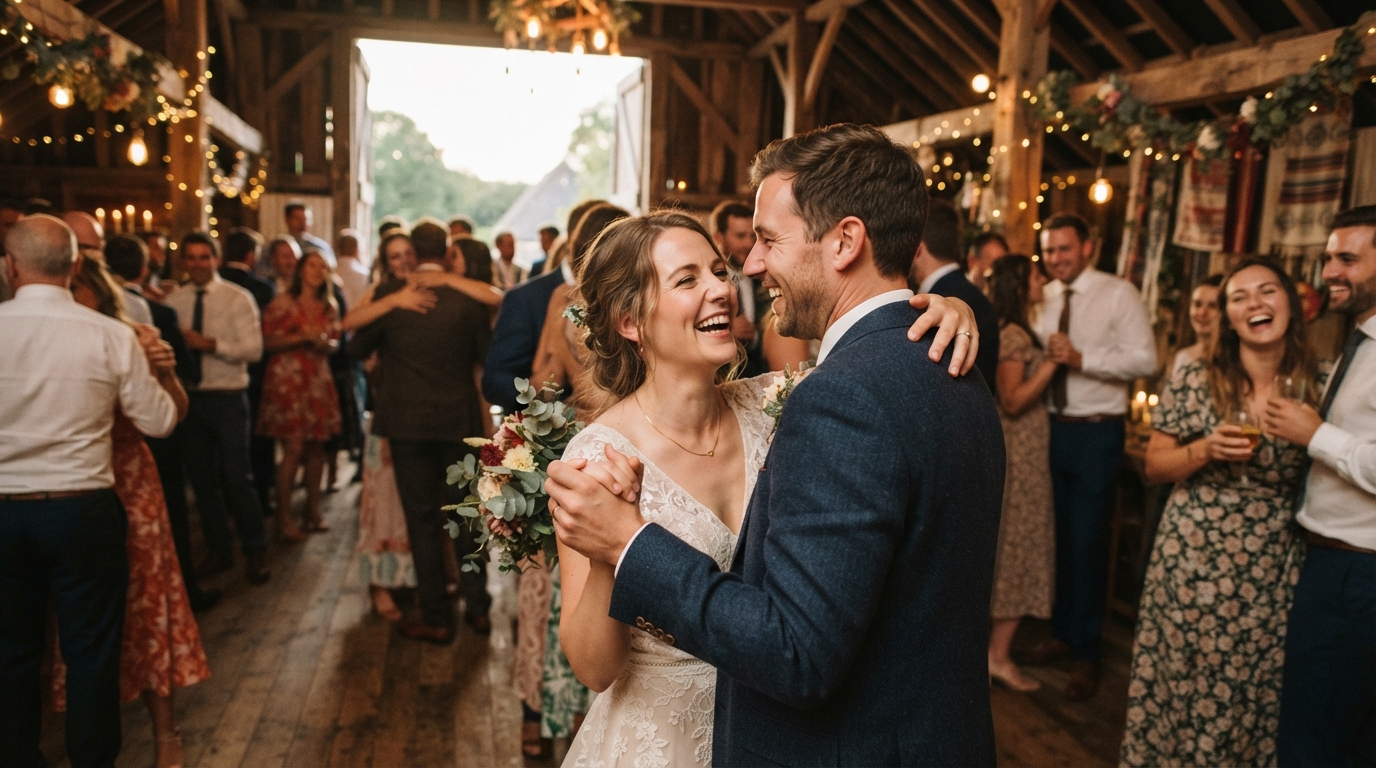 Wedding couple embracing outdoors during golden hour