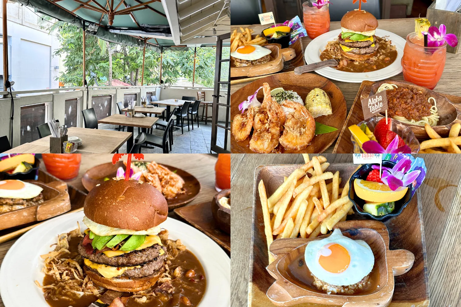 Big Island Loco Burger $28 (左下), Kid's Loco Moco $12 (右下)