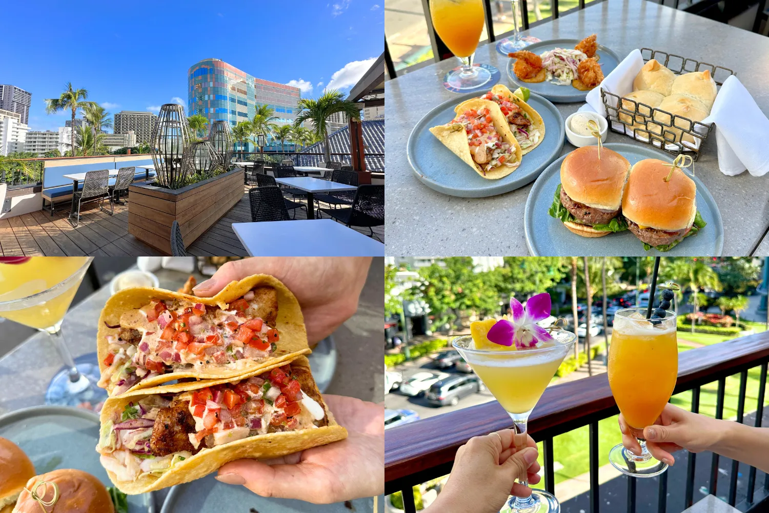 Blackened Mahi Mahi Tacos $12 (左下),Pineapple Paradisio $12 Blue My Mind $9.5(右下)