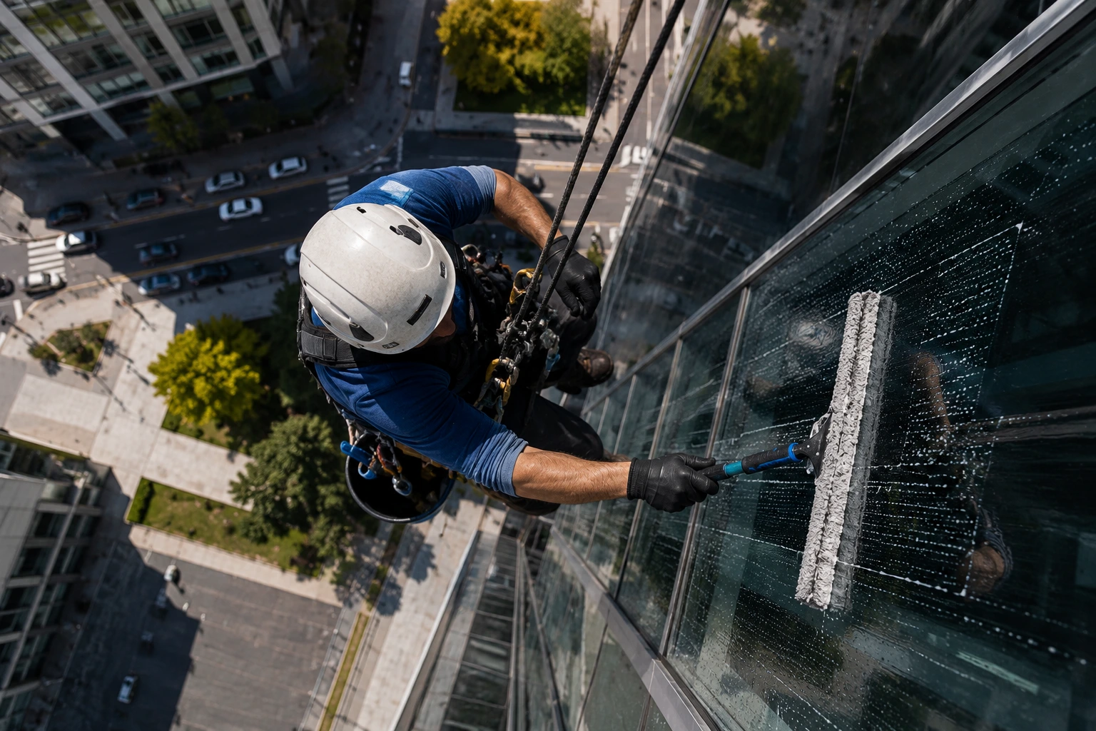 Rope access technician cleaning a high-rise glass facade from above