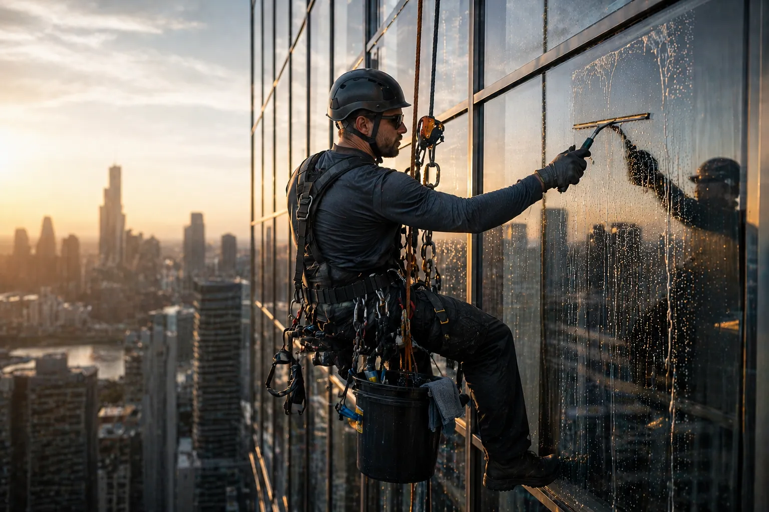 External cleaning on a high-rise facade
