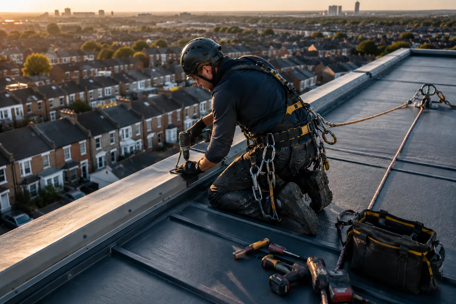 Roofing works using rope access