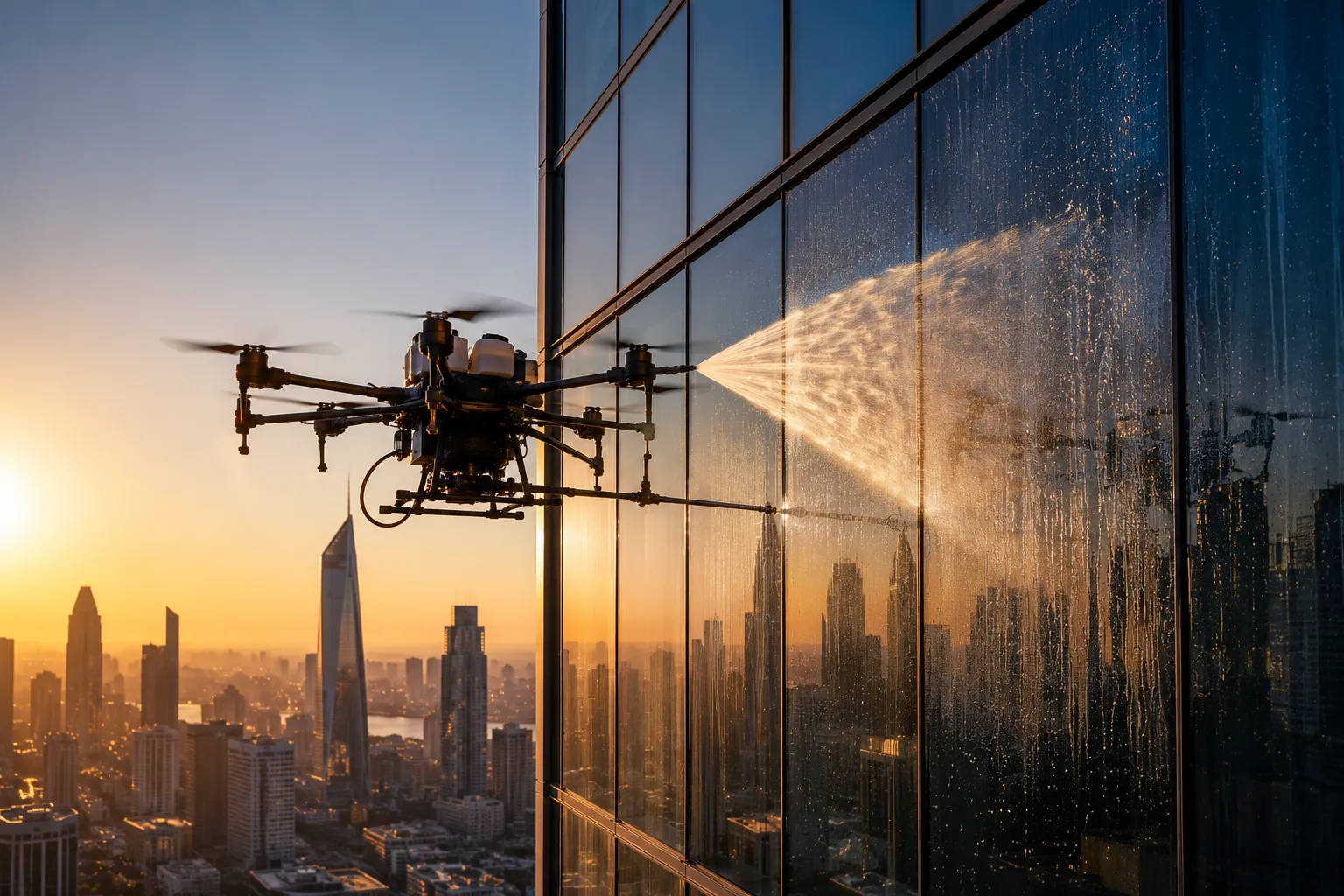 Drone cleaning windows on a high-rise building