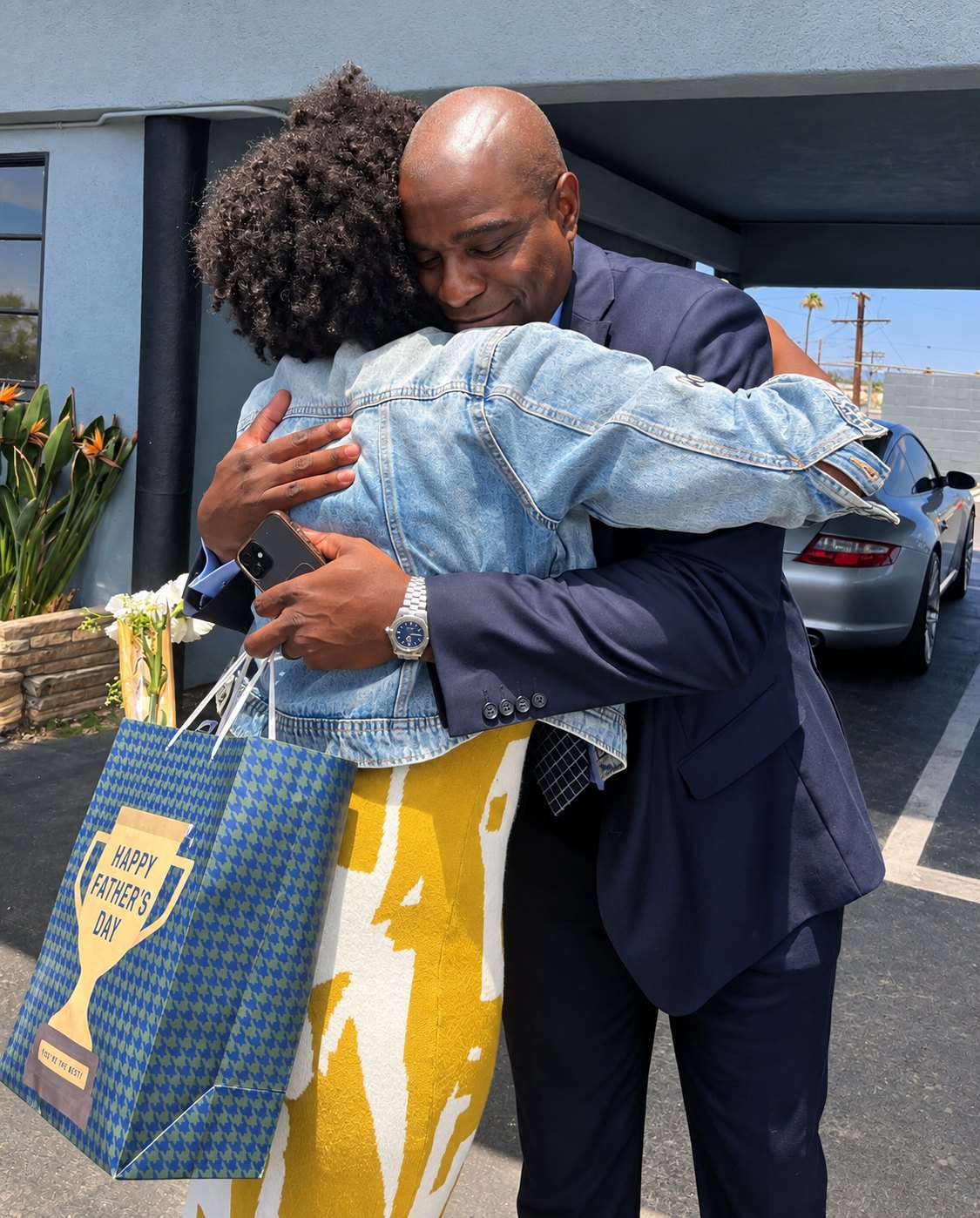 Two people sharing a hug outside the church