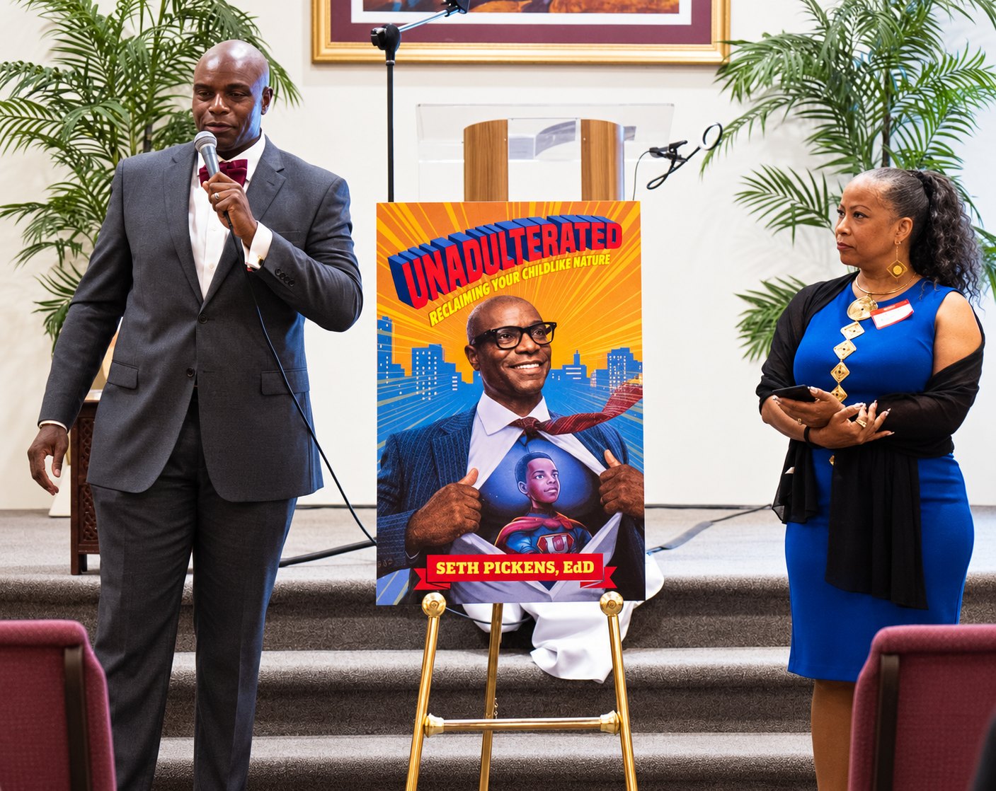 Dr. Seth speaking beside a poster of his book Unadulterated