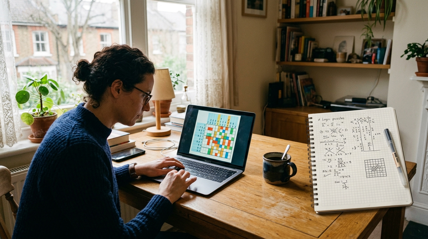 Persona che studia configurazioni di rompicapo logici su un portatile accanto a un blocco note