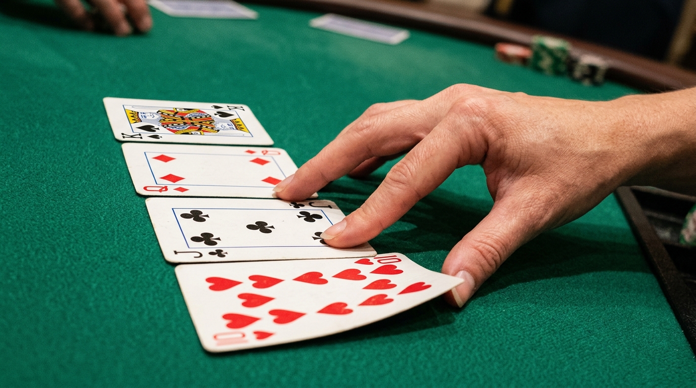Cartes à jouer disposées en cascade alternée rouge et noire sur tapis de feutre vert