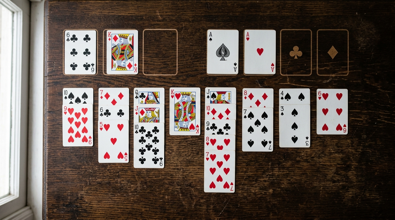 Disposition réelle de cartes physiques de FreeCell Solitaire sur table en bois foncé