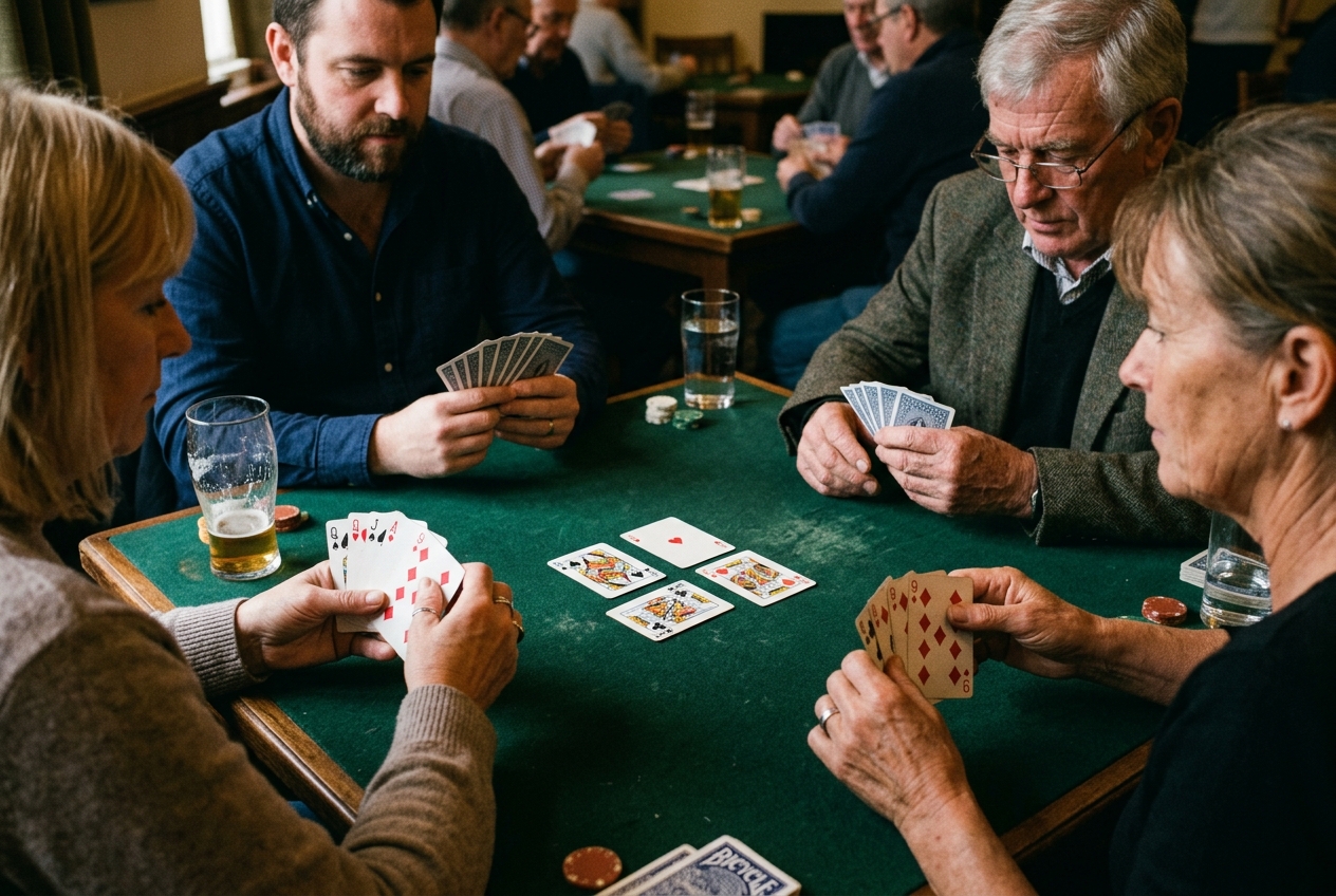 Jogadores de cartas em mesa de feltro verde disputando uma vaza com a Dama de Espadas em jogo