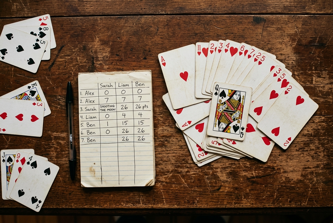 Composição em mesa com treze cartas de Copas e a Dama de Espadas ao lado de bloco com 26 pontos