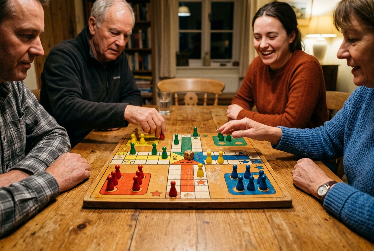 四名玩家围坐在木质餐桌前进行飞行棋对局