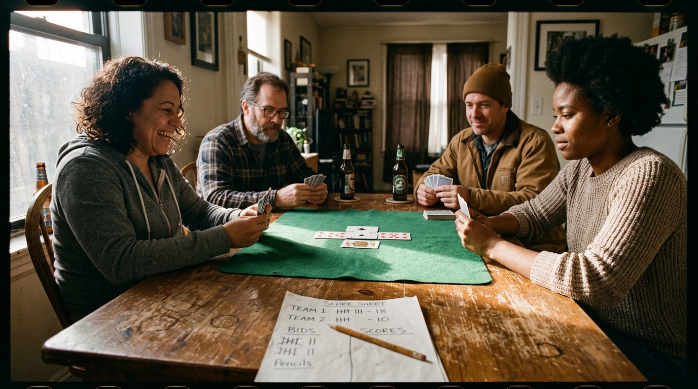 Quatro jogadores ao redor de uma mesa de madeira durante uma partida de Spades