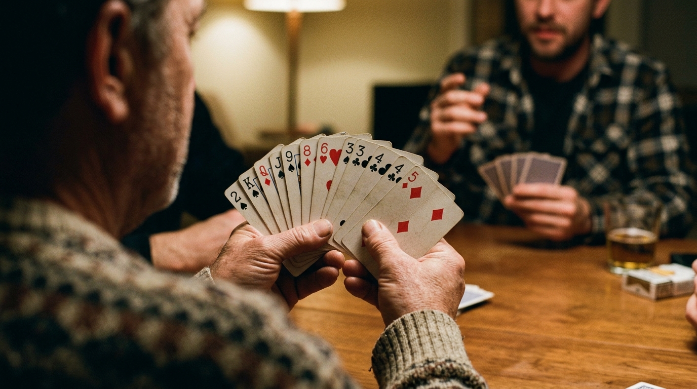Um jogador de cartas segura treze cartas baixas calculando um lance Nil