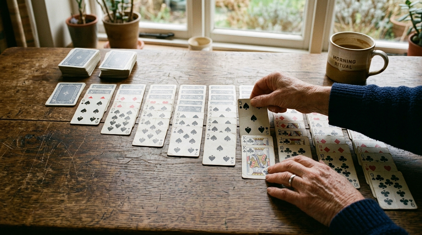 Dez colunas de uma partida de Spider Solitaire com dois baralhos organizadas sobre uma mesa de madeira