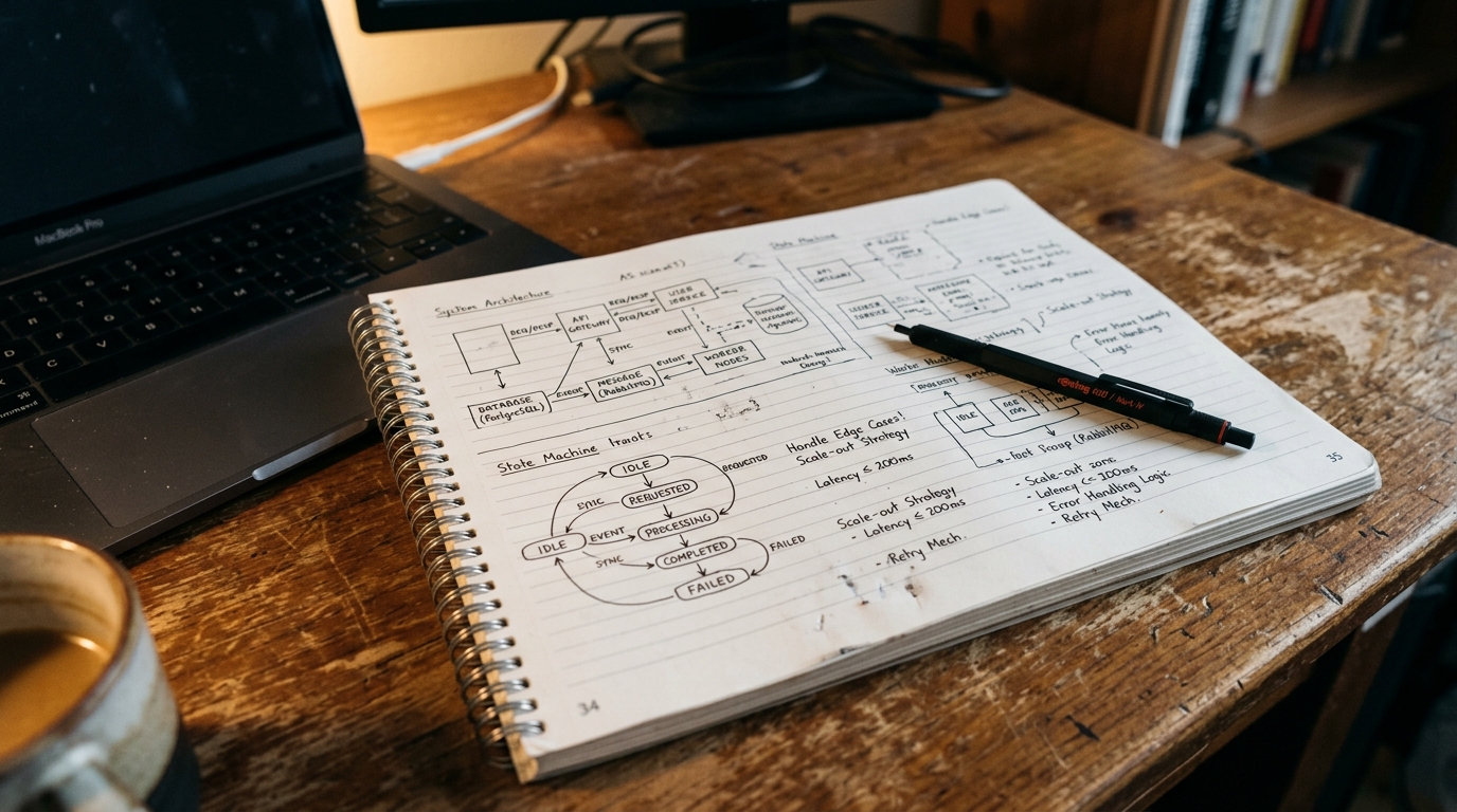 Notas de engenharia e diagramas de arquitetura de sistema desenhados à mão em um caderno espiral
