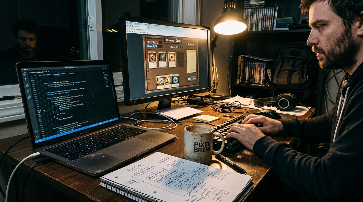 Um desenvolvedor trabalhando tarde da noite no código da engine de jogos e na arquitetura de canvas do navegador