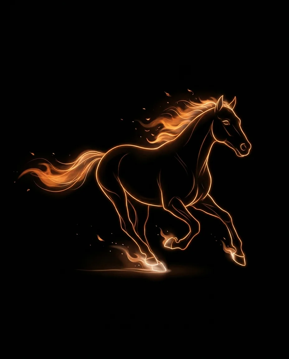 A horse drawn in glowing orange lines, galloping, with flames in its mane and tail