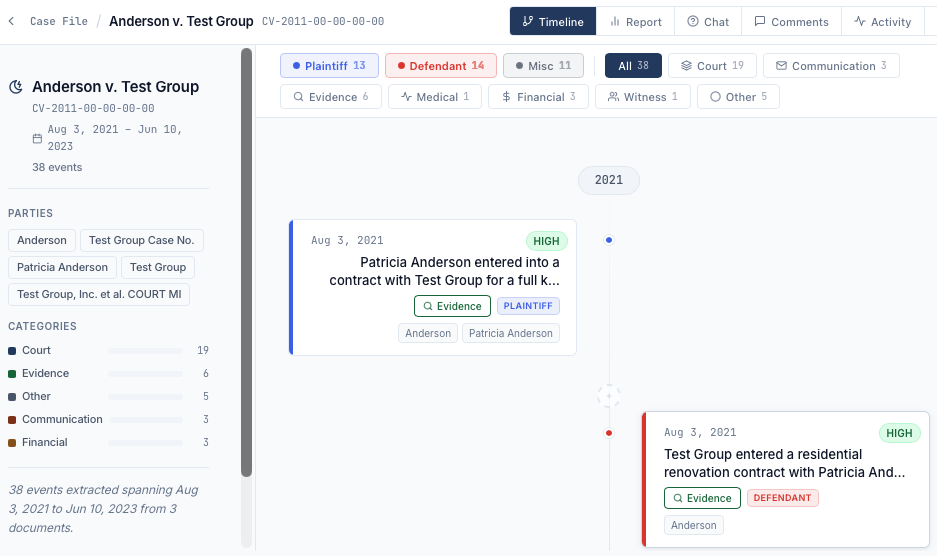 AI Legal Timeline Builder interface showing chronological case events extracted from discovery documents