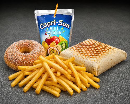 Photo du produit Tacos Viande hachée + Donuts au Sucre + Frites + Caprisun, non contractuelle
