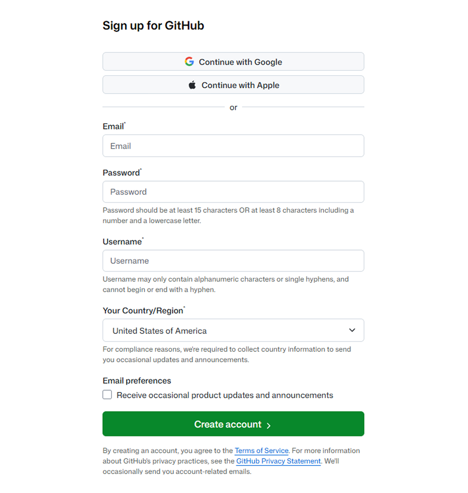 Screenshot of the GitHub sign-up page at github.com, cropped to the sign-up card showing the email, password, and username fields and the green Continue button, so it's obvious where to enter details and click to create a free account.