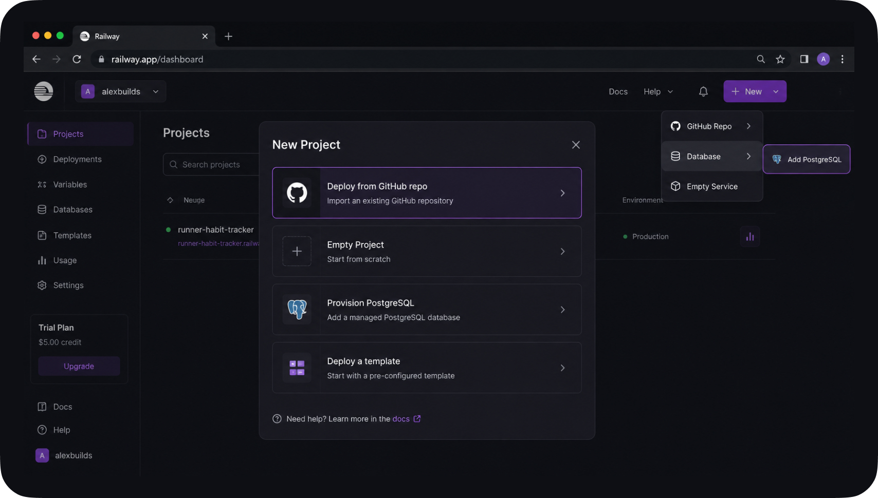 Screenshot of the Railway "New Project" screen showing the "Deploy from GitHub repo" option and the menu that adds a PostgreSQL database (the "+ New" / Add service menu with Database > PostgreSQL visible). Annotate the two steps: 1) deploy from repo, 2) add Postgres. Show the actual Railway UI.