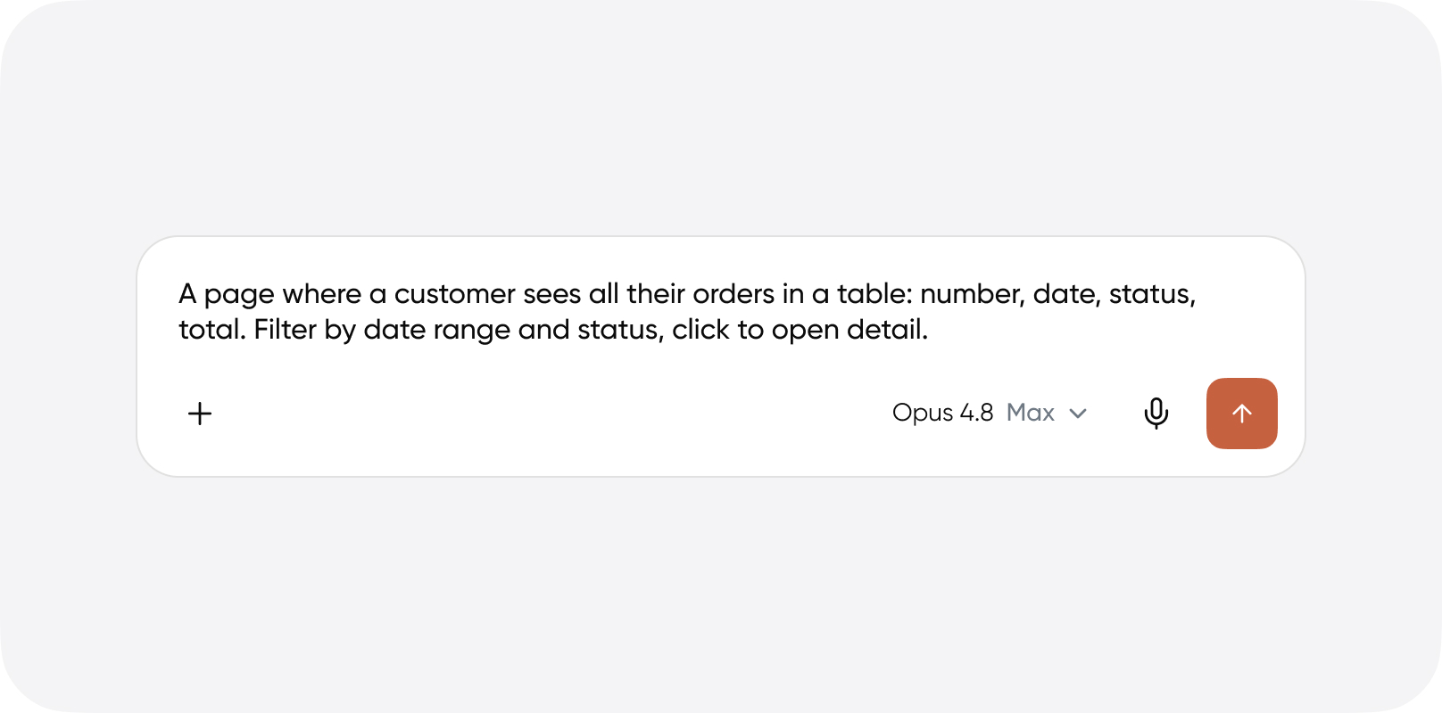 A three-lane comparison card (mirrors the tabs below so all three show at once). GREEN lane "Good": a fully specified orders-table prompt with a check. AMBER lane "Vague": "Make me an orders table" with a question-mark cloud. RED lane "Over-specified": "Write a REST API with full CRUD" with a stop sign and the note "describe the problem, not the architecture". Flat, color-coded columns, brand palette, minimal text.