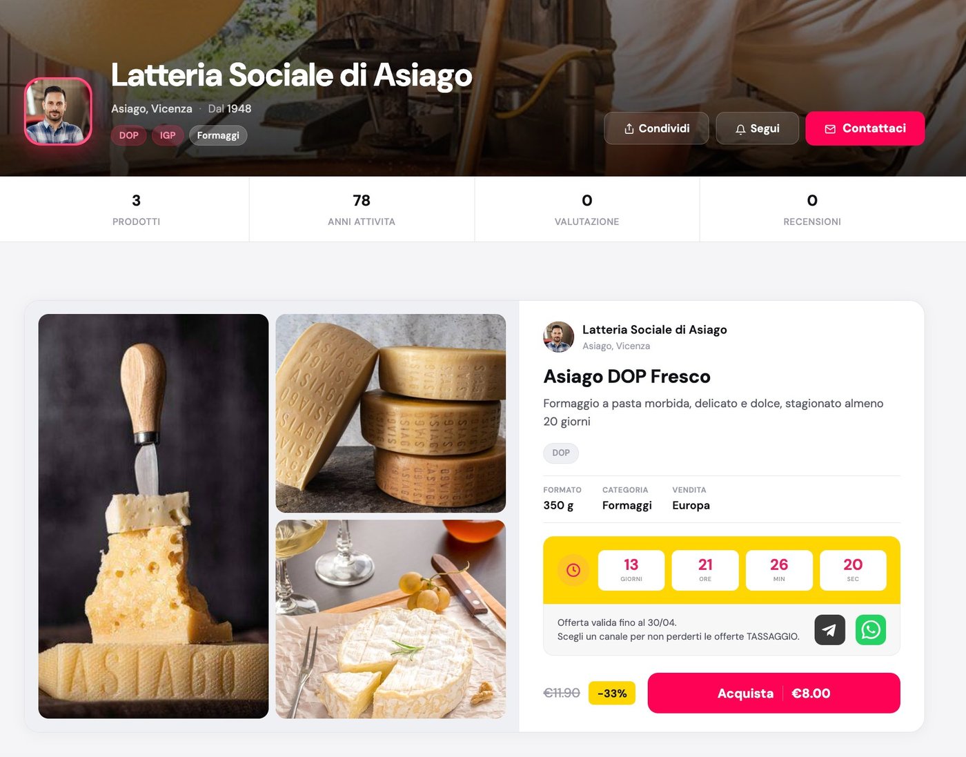 Esempio pagina produttore UOVVO - Latteria Sociale di Asiago