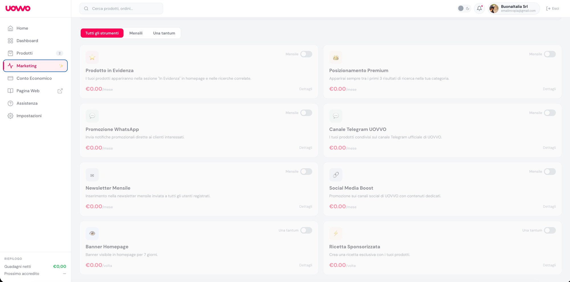 Dashboard strumenti marketing UOVVO