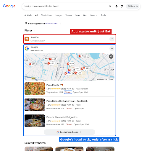 The same search with Google's section opened by the searcher