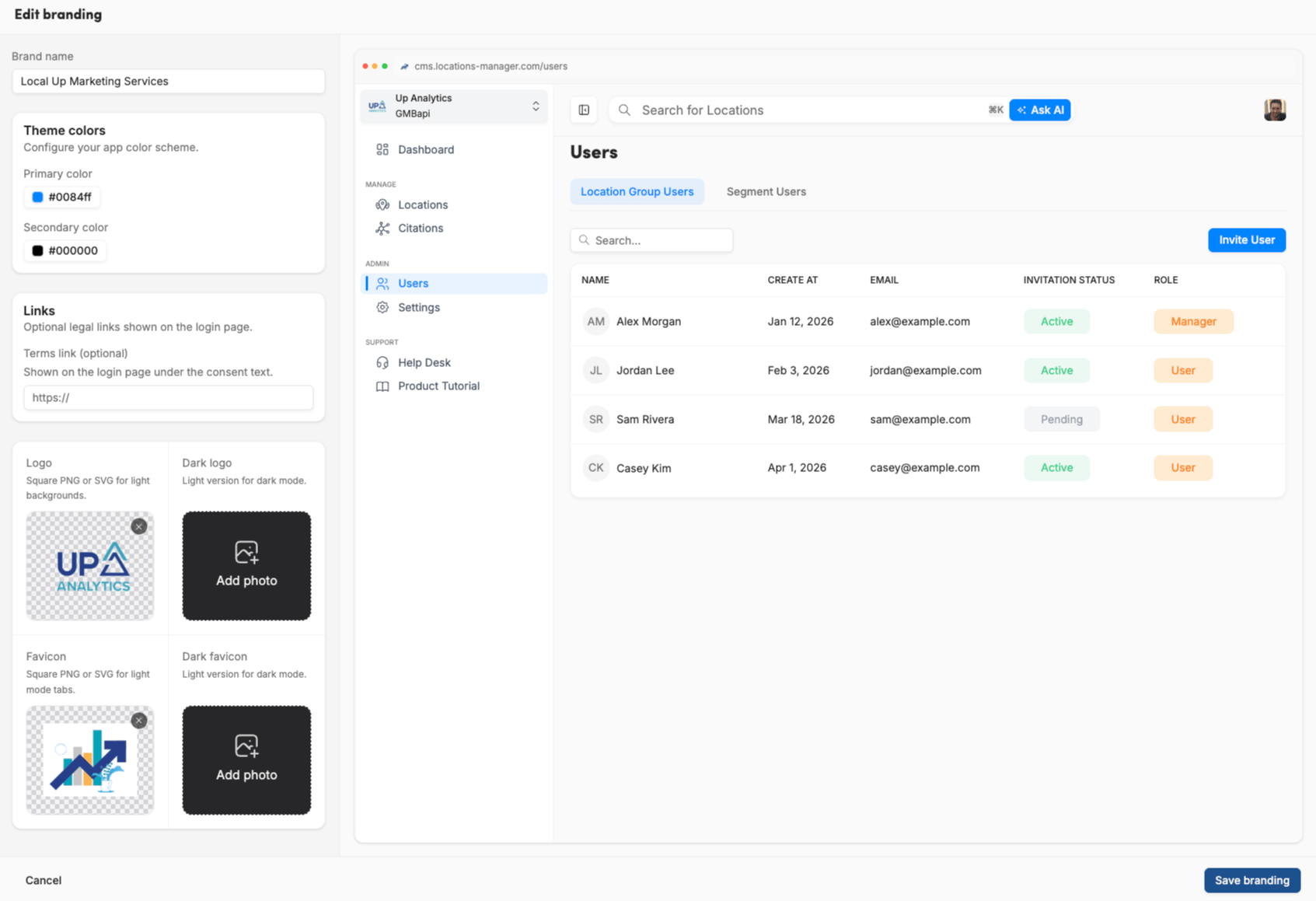 White label Edit Branding page GMBapi