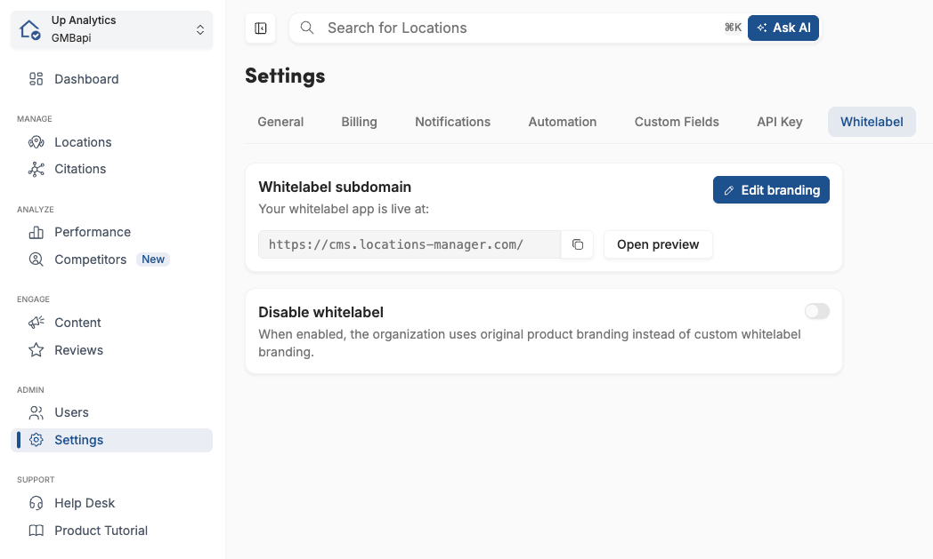 White label setting page GMBapi