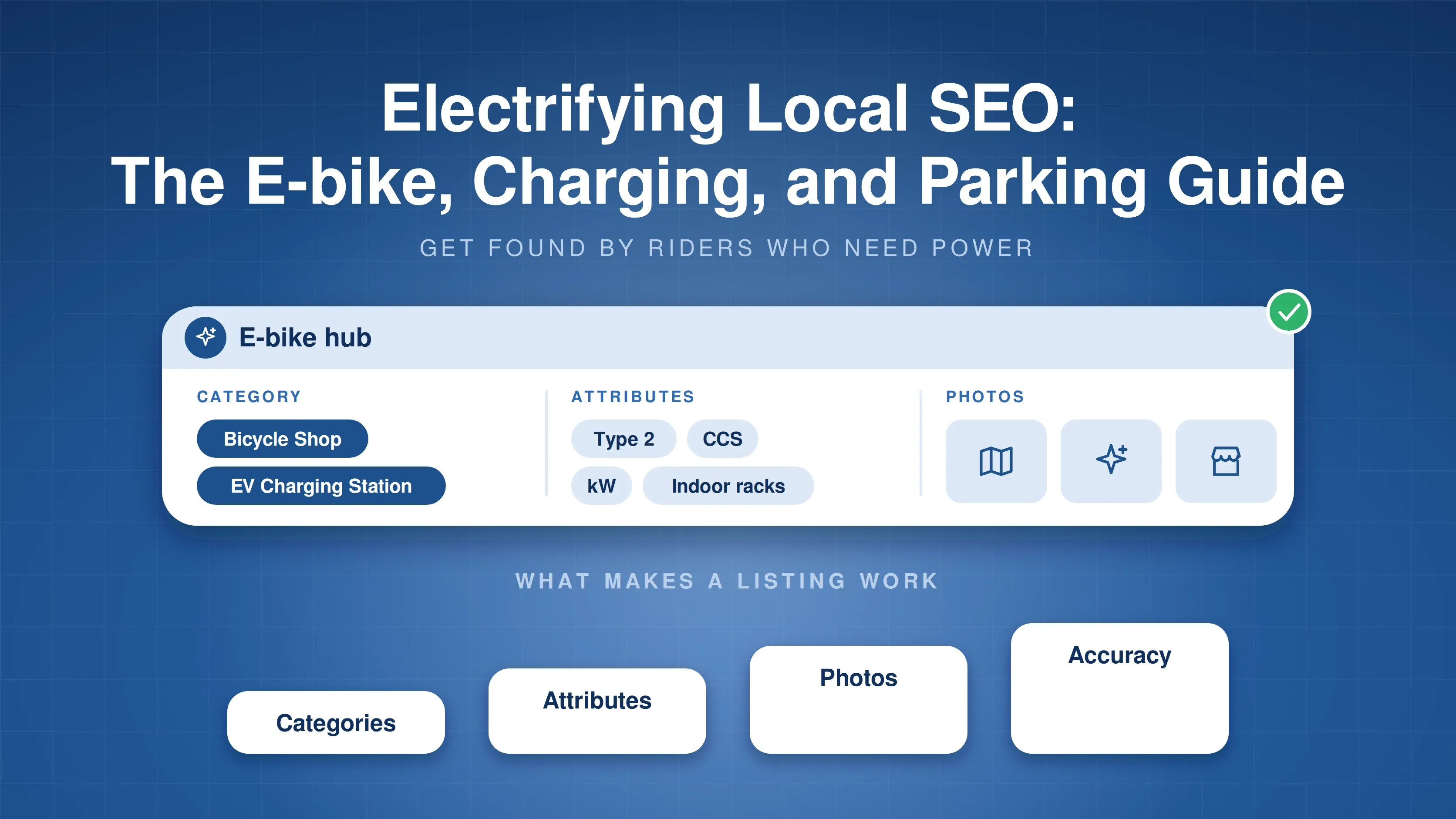 Illustration of an e-bike hub listing card with categories, attributes and photos