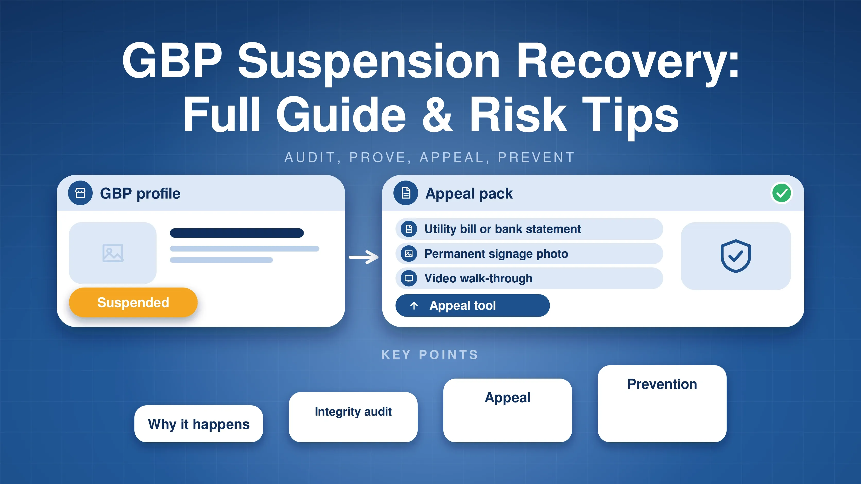 Suspended profile card with an amber banner leading to an appeal pack with utility bill, signage photo, video walk-through and an appeal tool button, with four key points: why it happens, integrity audit, appeal and prevention