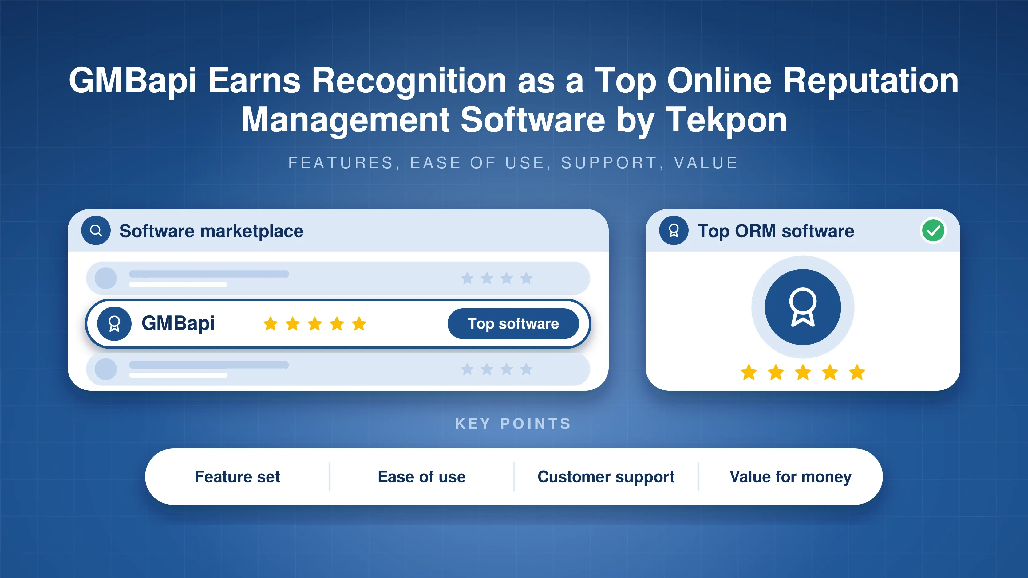 Software marketplace listing with a highlighted top software entry and an award badge, with feature set, ease of use, customer support and value for money key points