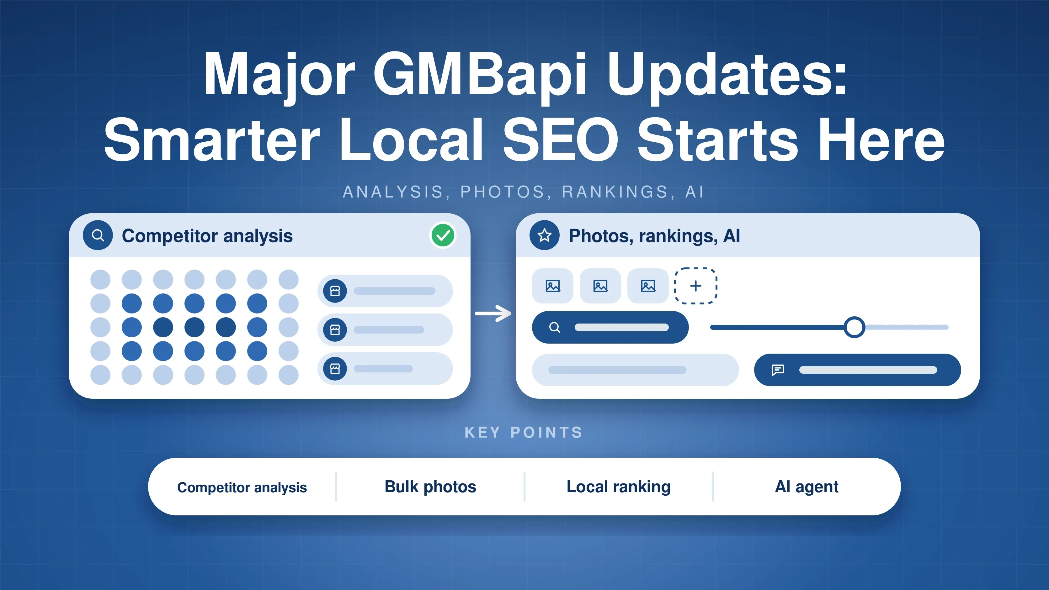Major GMBapi updates: a competitor ranking grid with competitor rows, plus photo drag-and-drop, keyword and radius controls and an AI chat; key points Competitor analysis, Bulk photos, Local ranking and AI agent