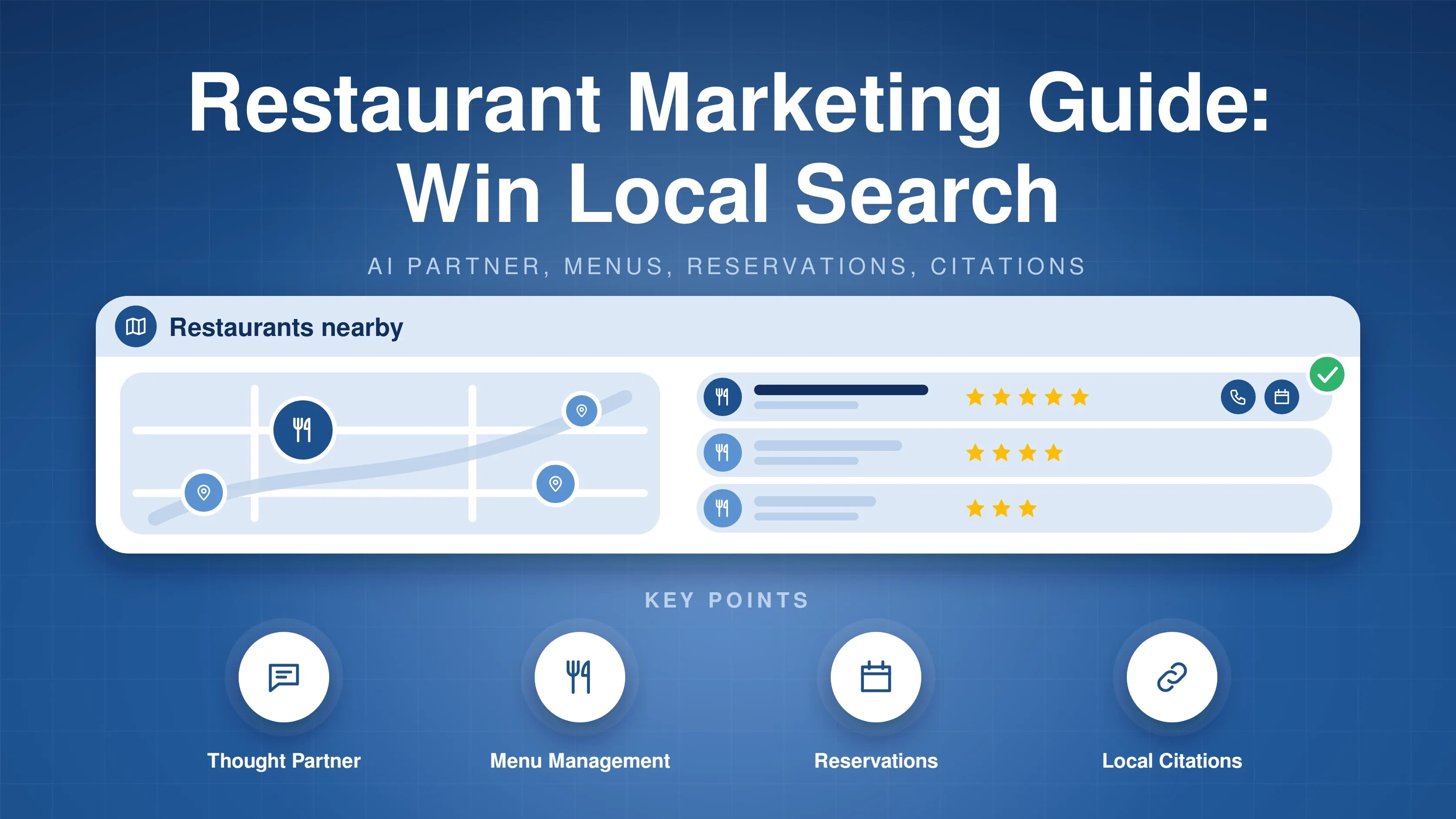 Local map with restaurant pins beside ranked restaurant listings with star ratings, call and booking buttons and a green tick, titled Restaurant Marketing Guide: Win Local Search