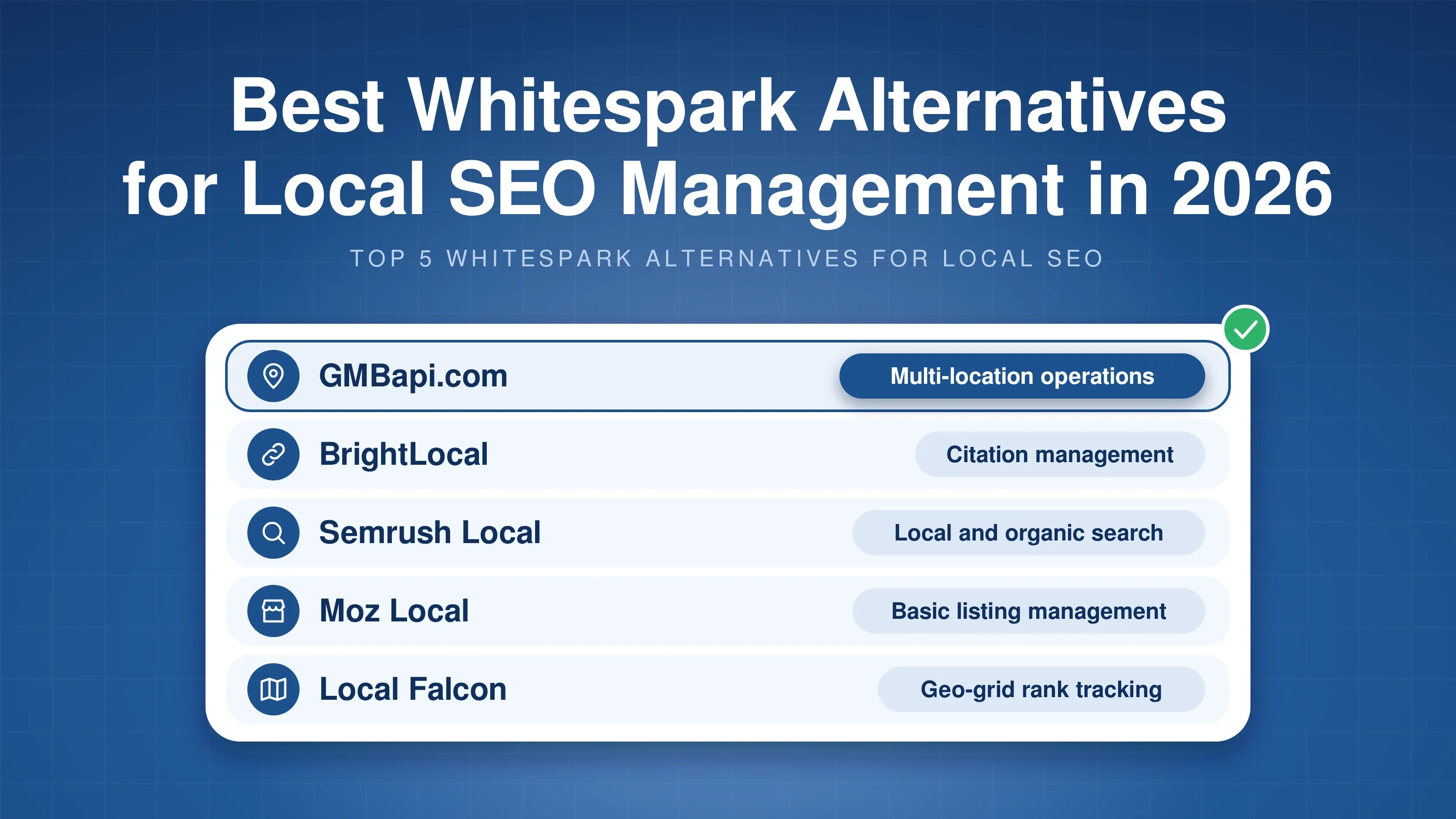 Illustration of a ranked list of five Whitespark alternatives for local SEO management