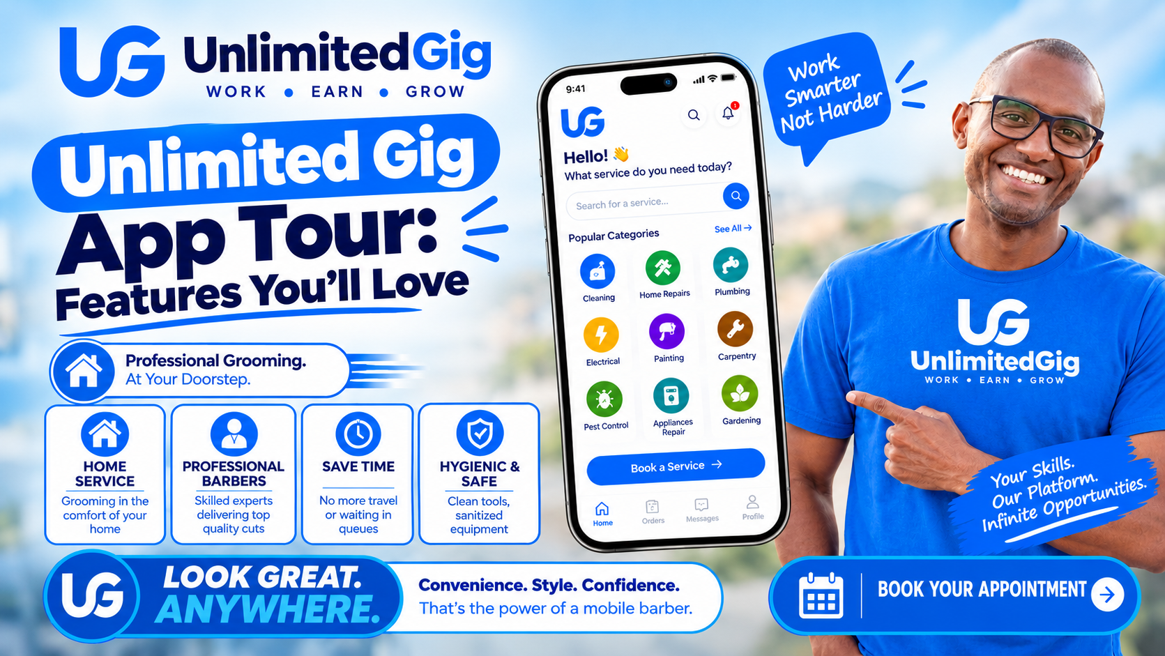 Unlimited Gig app screens showing the home screen, popular categories, and booking list