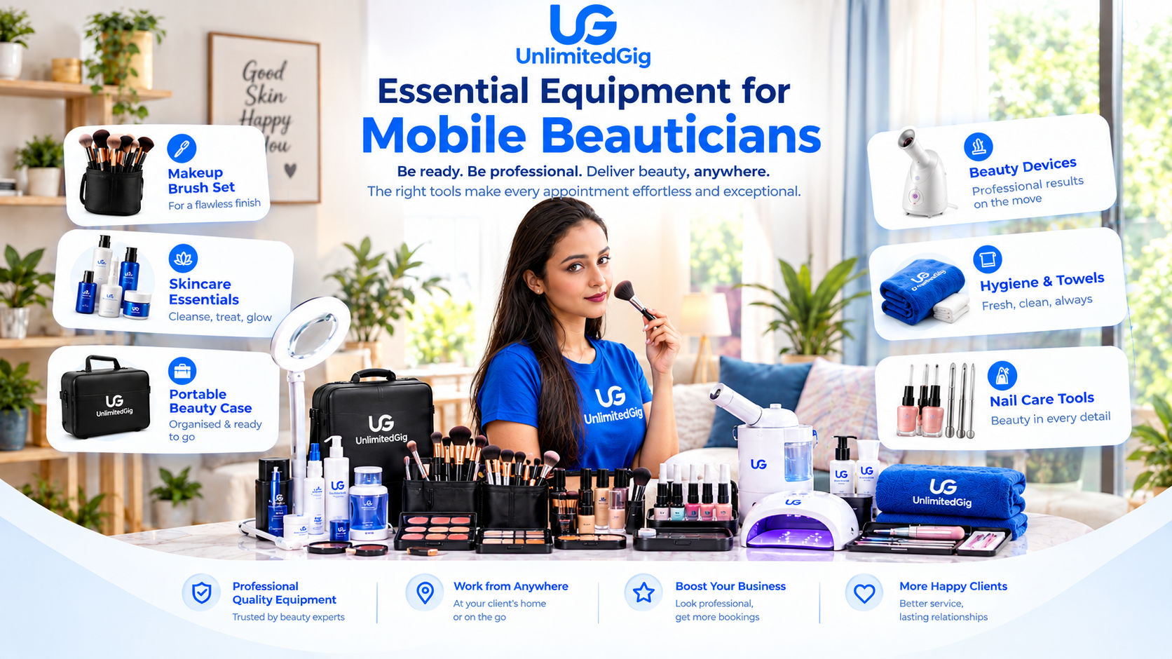 Essential equipment layout for professional mobile beauticians featuring portable lash bed, ring light, and cosmetic trolley