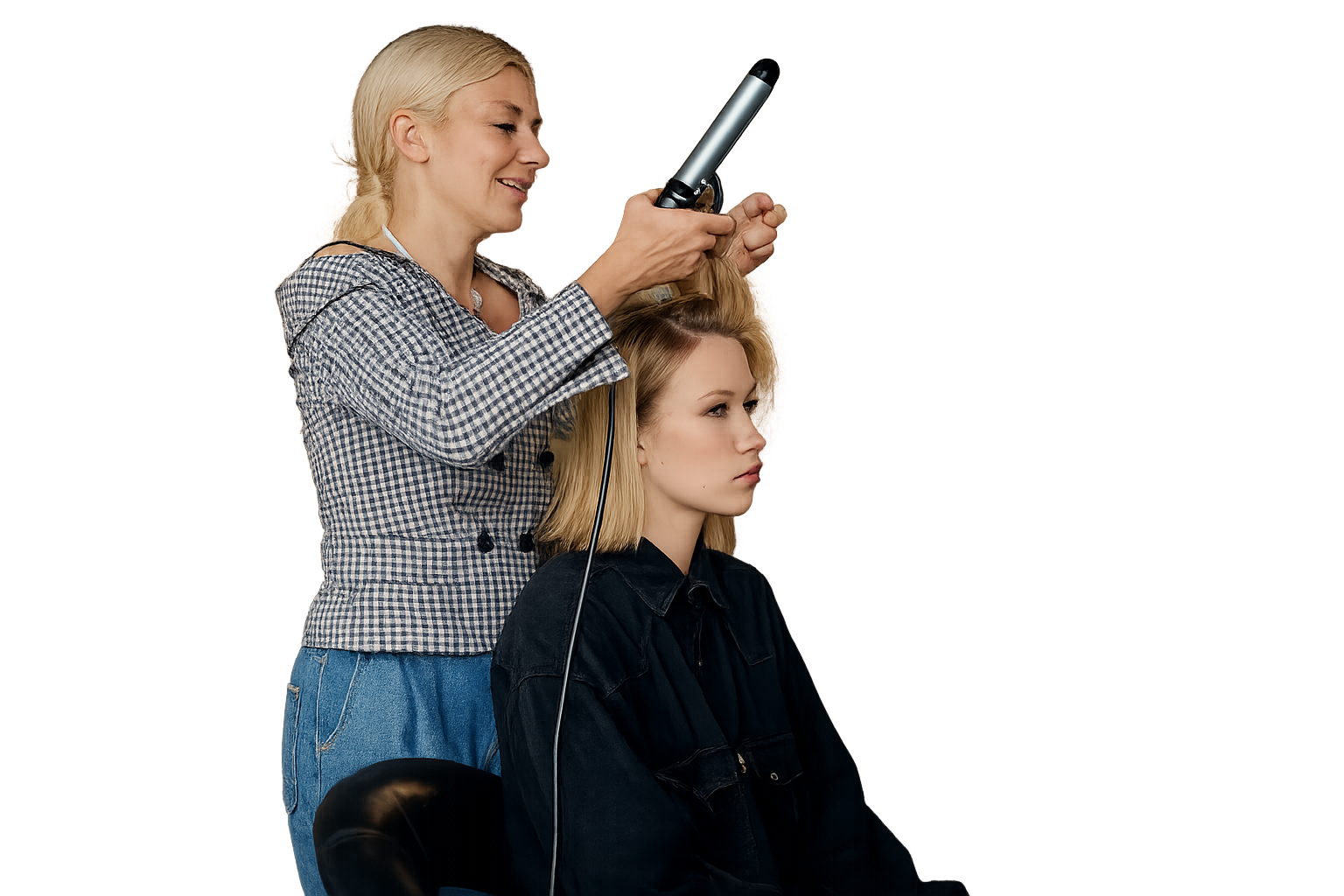 Mobile hairdresser styling hair at client's home