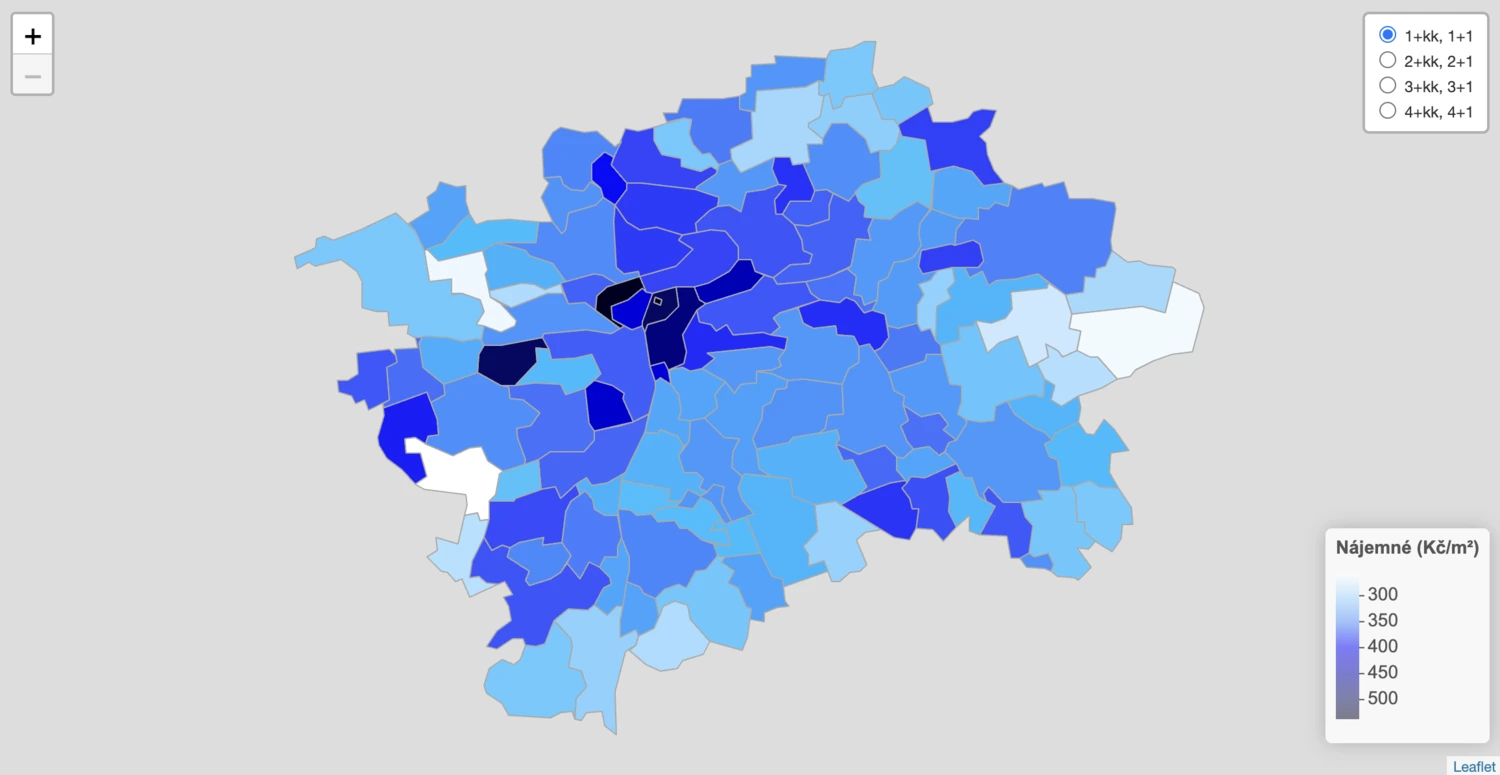 Ценовая карта арендной платы по Праге,&nbsp;1+кк, 1+1