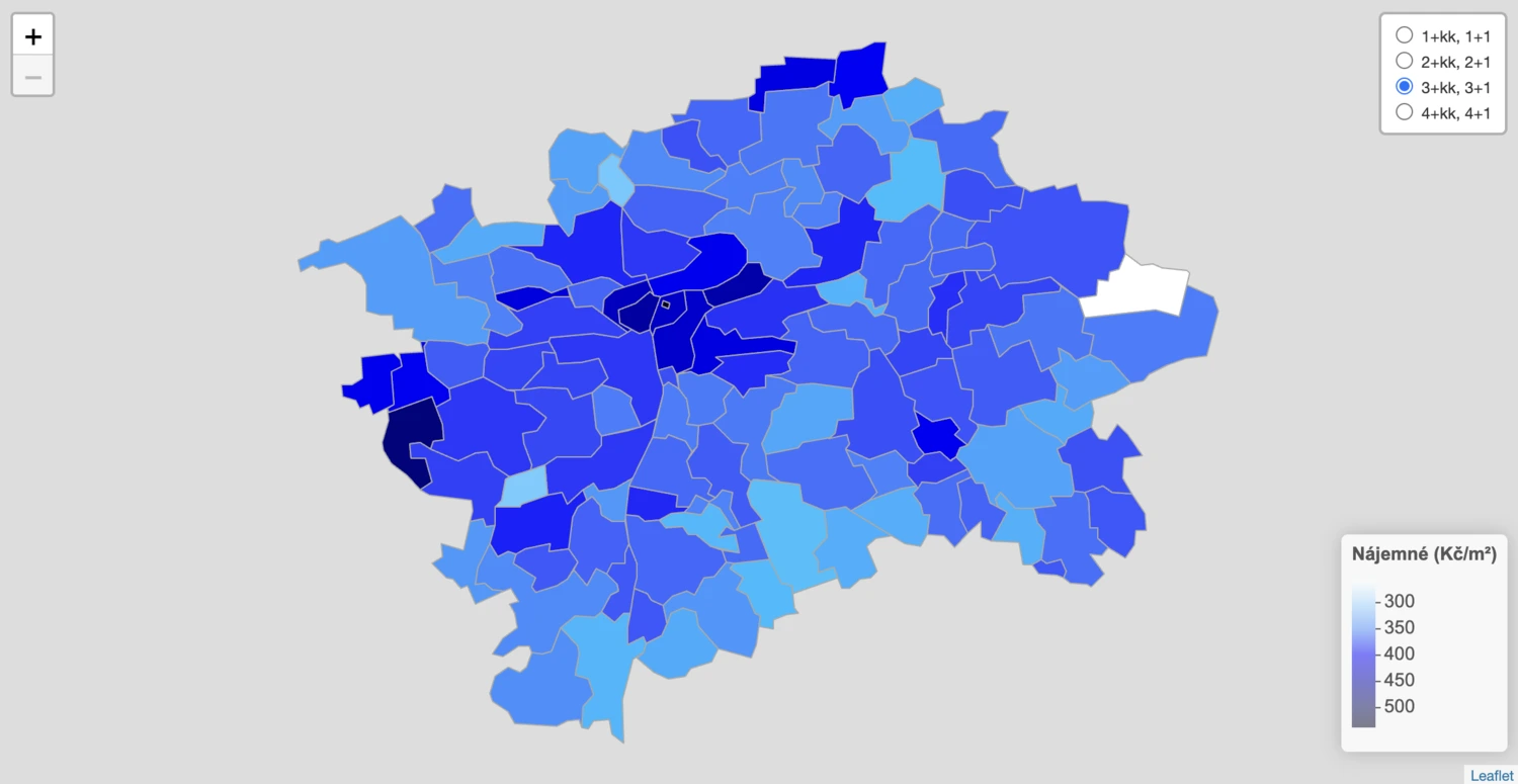 Ценовая карта арендной платы по Праге, 3+кк, 3+1