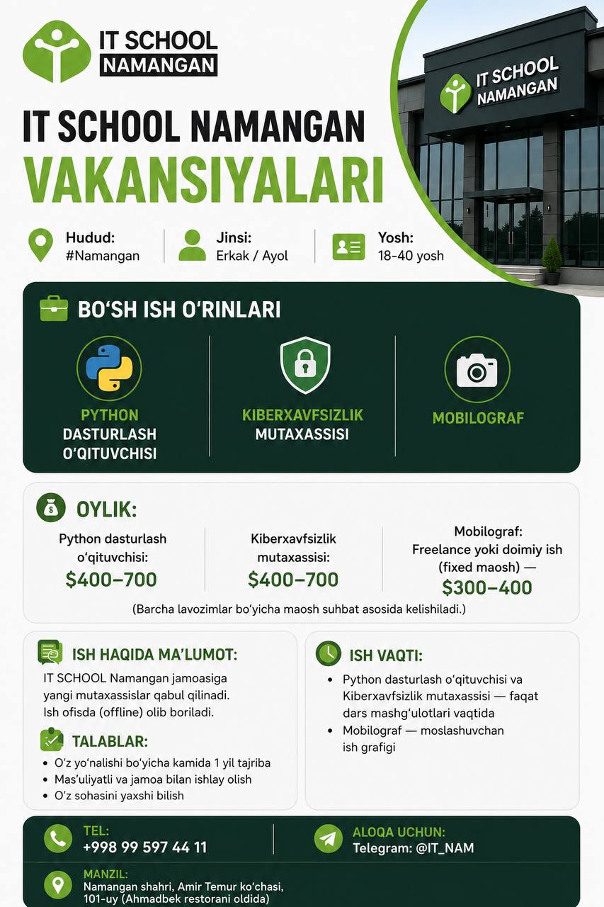 IT SCHOOL Namangan vakansiyalari