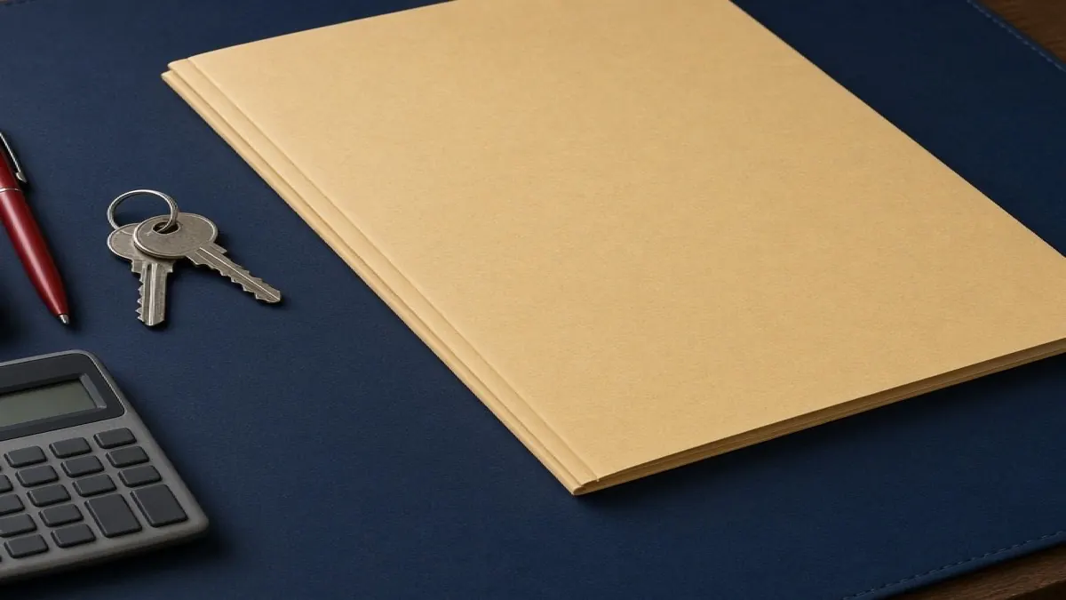 House keys, calculator, and a blank kraft folder on a navy desk blotter