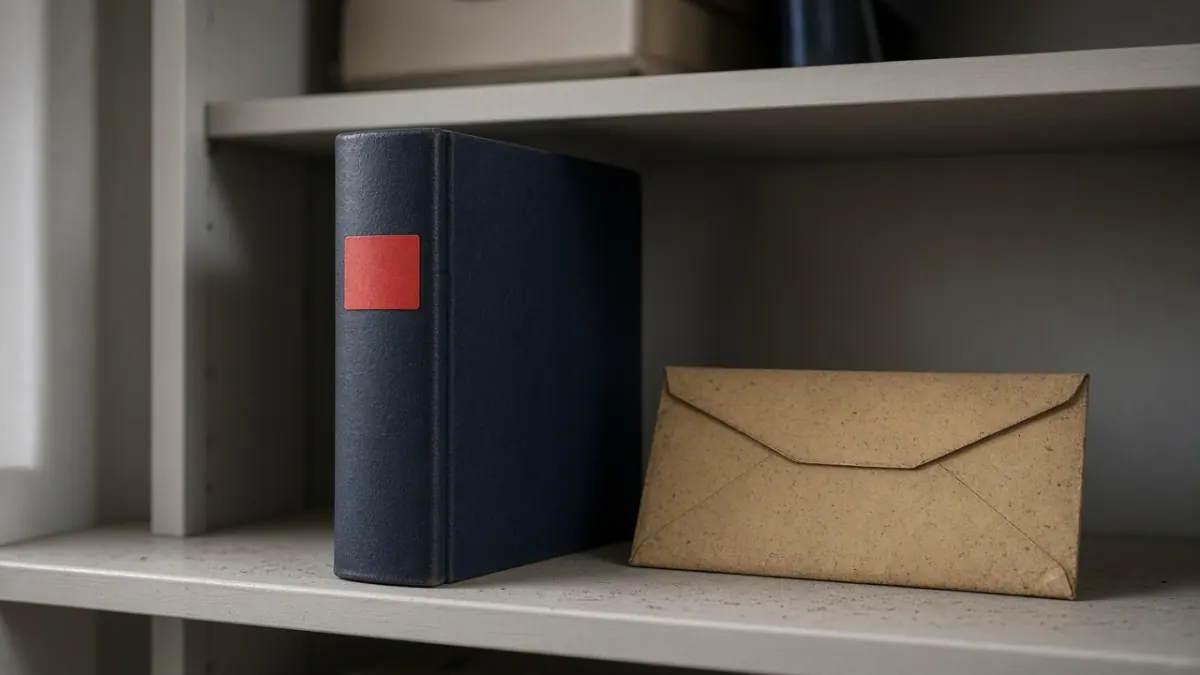 Navy binder and a kraft envelope sitting unused on a shelf