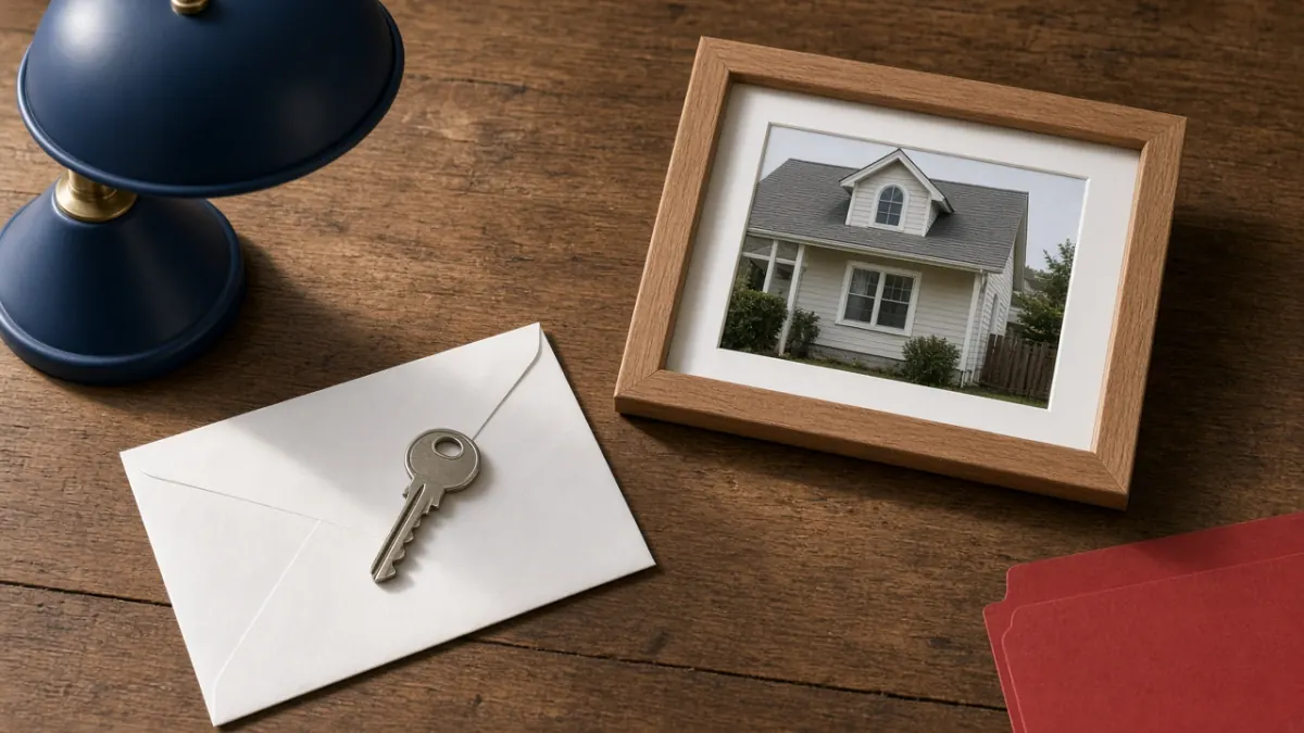 House key on a blank envelope beside a framed photo of a house