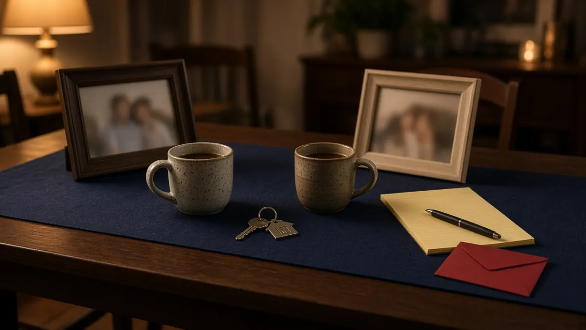 Two coffee mugs, two photo frames, and house keys on a navy table runner