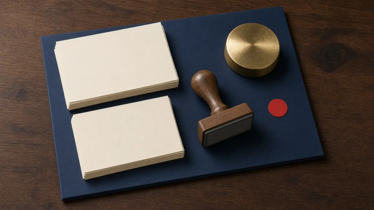 Two blank paper stacks, a stamp, and a red wax seal on a navy board